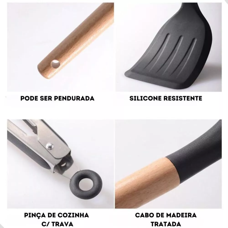 PRETO - Conjunto de Utensílios de Cozinha 12Pçs - Silicone e Cabo de Madeira