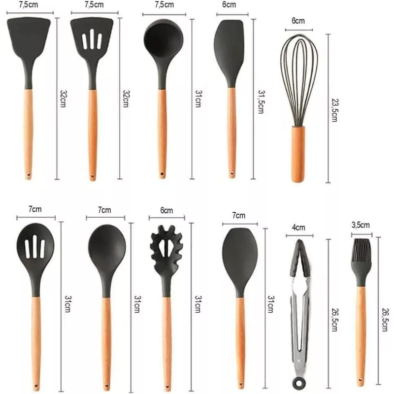 PRETO - Conjunto de Utensílios de Cozinha 12Pçs - Silicone e Cabo de Madeira