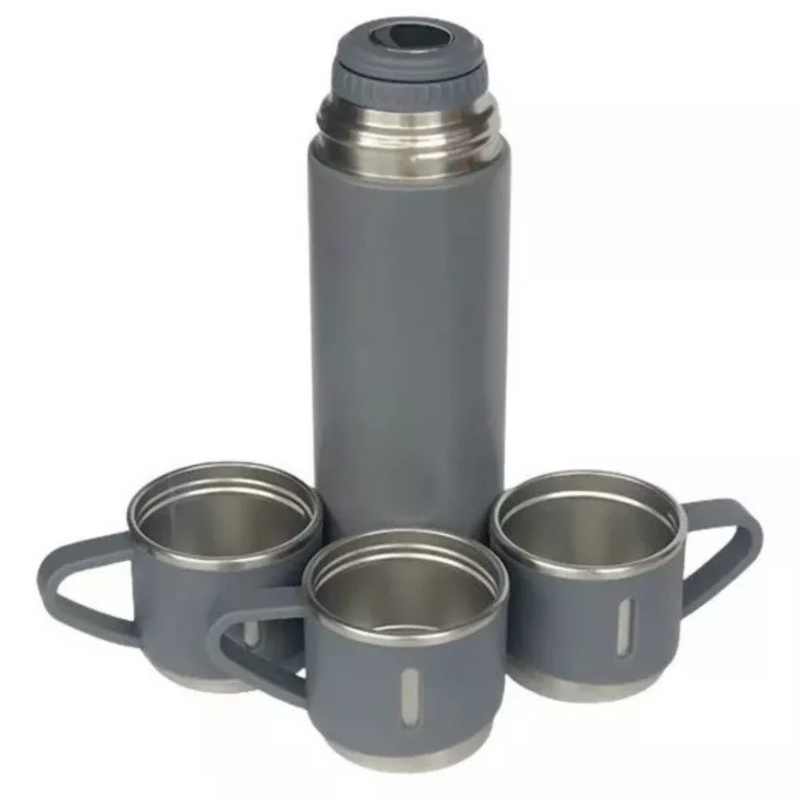 Jogo de Garrafa Térmica 500ml + 3 Xícaras Inox –  Conservação Térmica Real
